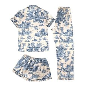 Womens Toile Satin Pajama Set Sleepwear Top Shorts‎ Pants Loungewear Large NEW